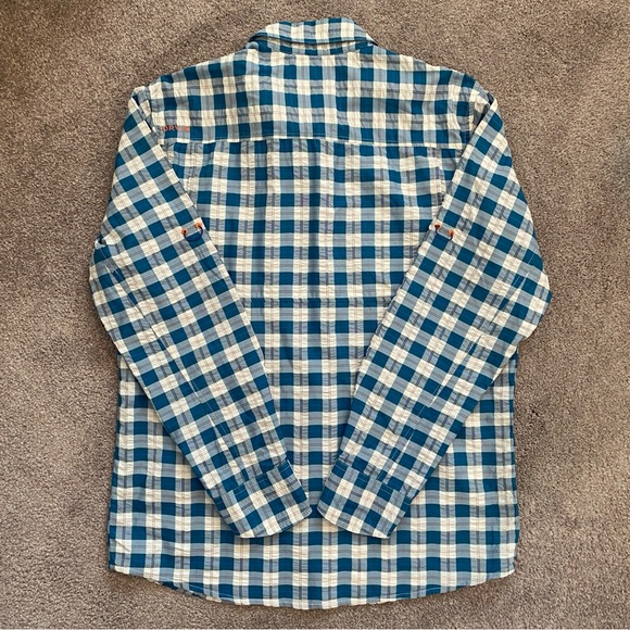 Orvis Men’s Button Up Long Sleeve Shirt Blue/White/Red Plaid Poly blend M - EUC - Picture 5 of 13